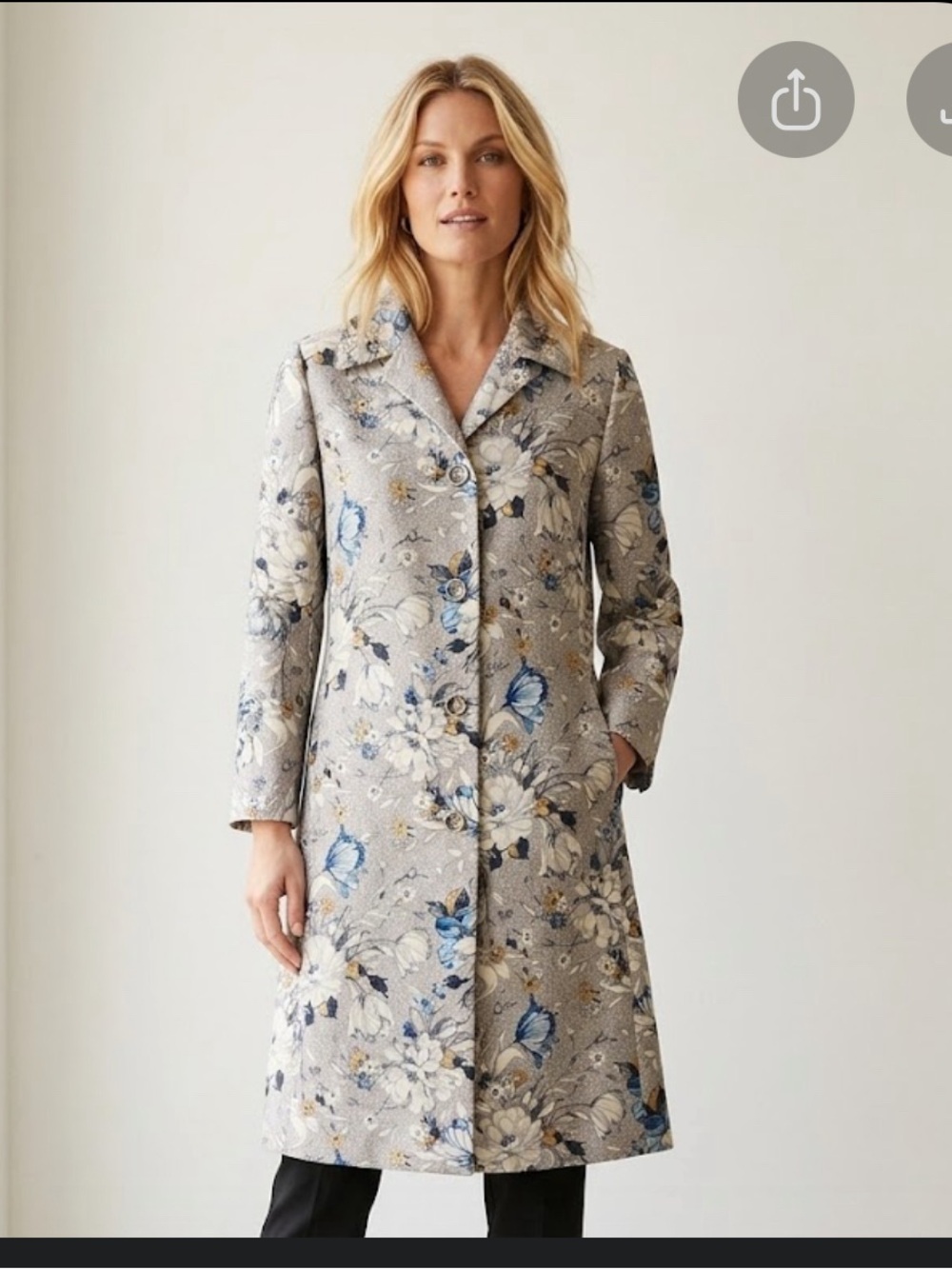 Dana Buchman Floral Jacquard Trench Coat in Light Gray and Blue - Picture 2 of 14